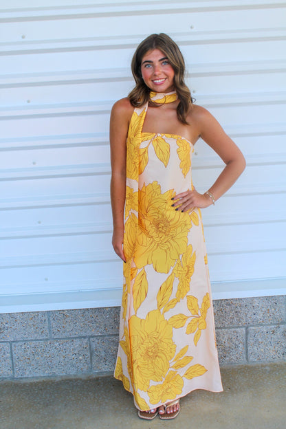 Golden Hour Bandeau Maxi Dress with Neck Scarf