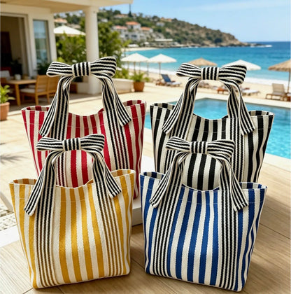 Striped Canvas Bow Handle Tote Bag