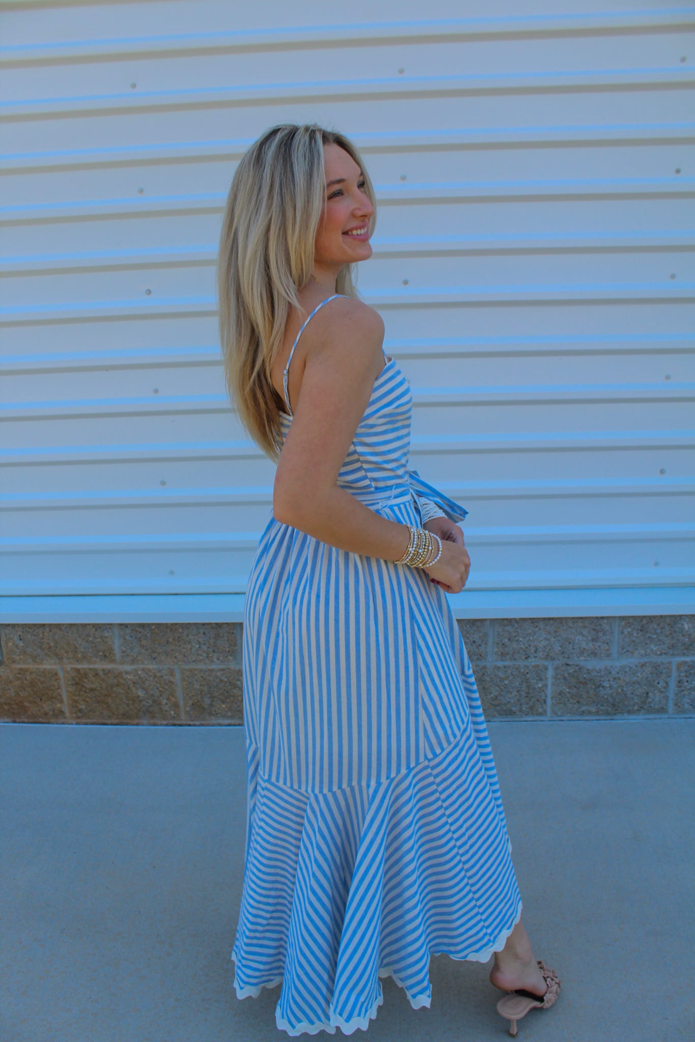 Scarlett Striped Woven Midi Dress - Blue and White