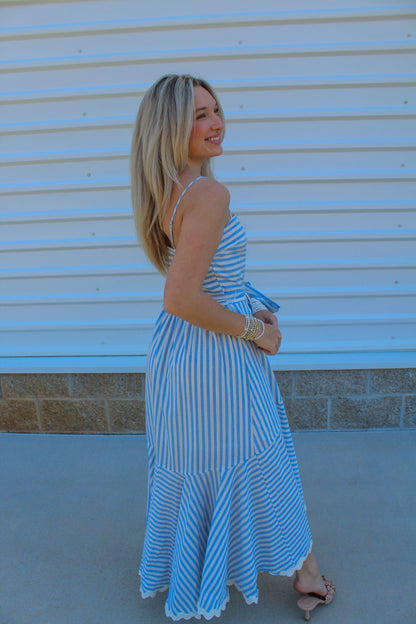 Scarlett Striped Woven Midi Dress - Blue and White