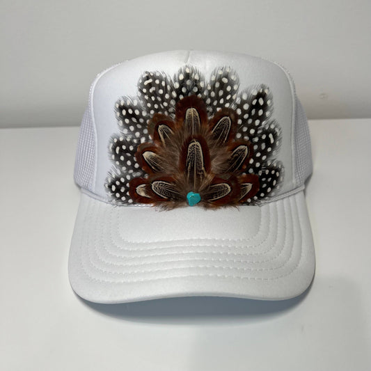 FEATHER Trucker Hat Turquoise Stone White Black Spotted