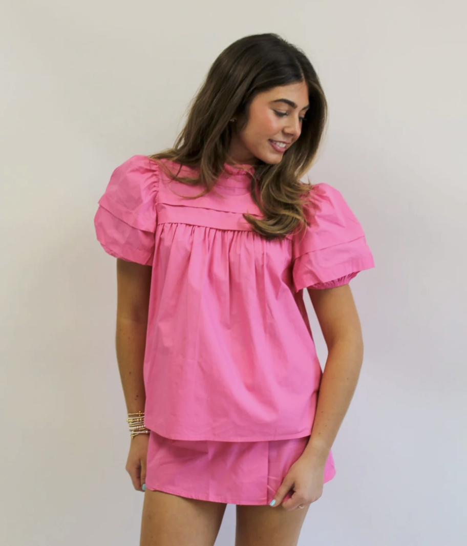 Brody Pink Poplin Short Sleeve Top
