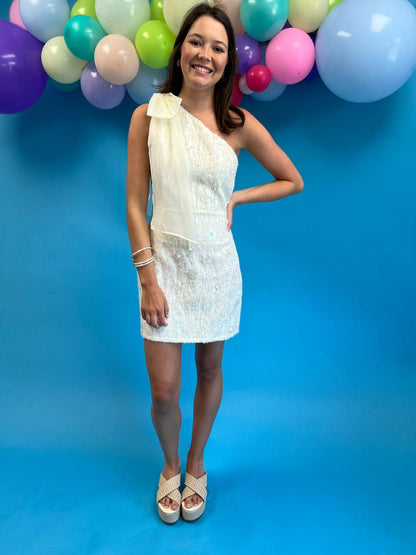 One Shoulder Cream Mini Dress with Floral