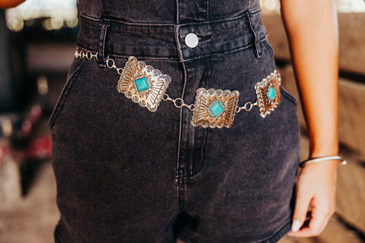 METAL WESTERN CONCHO TURQUOISE CHAIN BELT