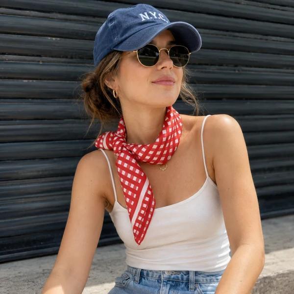 French Picnic Red Gingham Satin Silk Square Scarf