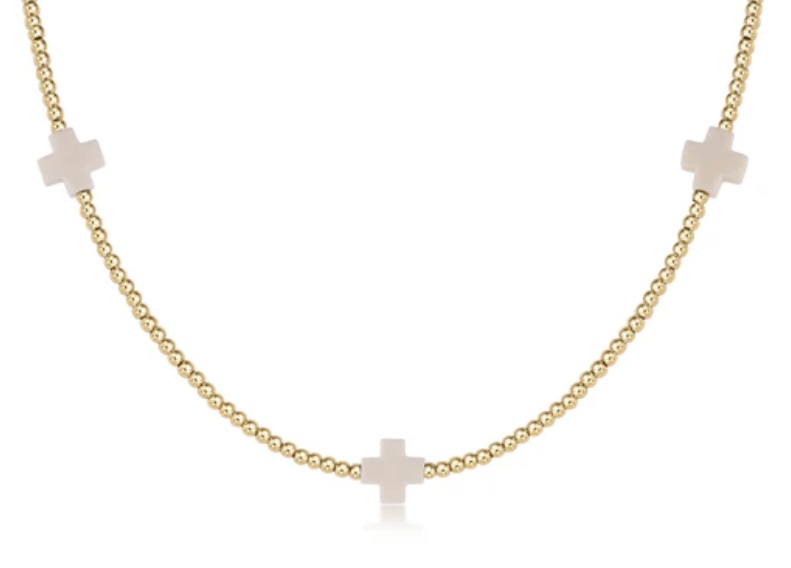 15" Choker Signature Cross Gold Pattern 2mm Bead - Off-White