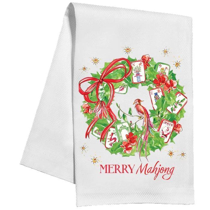 Handpainted Merry Mahjong Wreath with Bird and Red and Green Mahjong Tiles Kitchen Towel