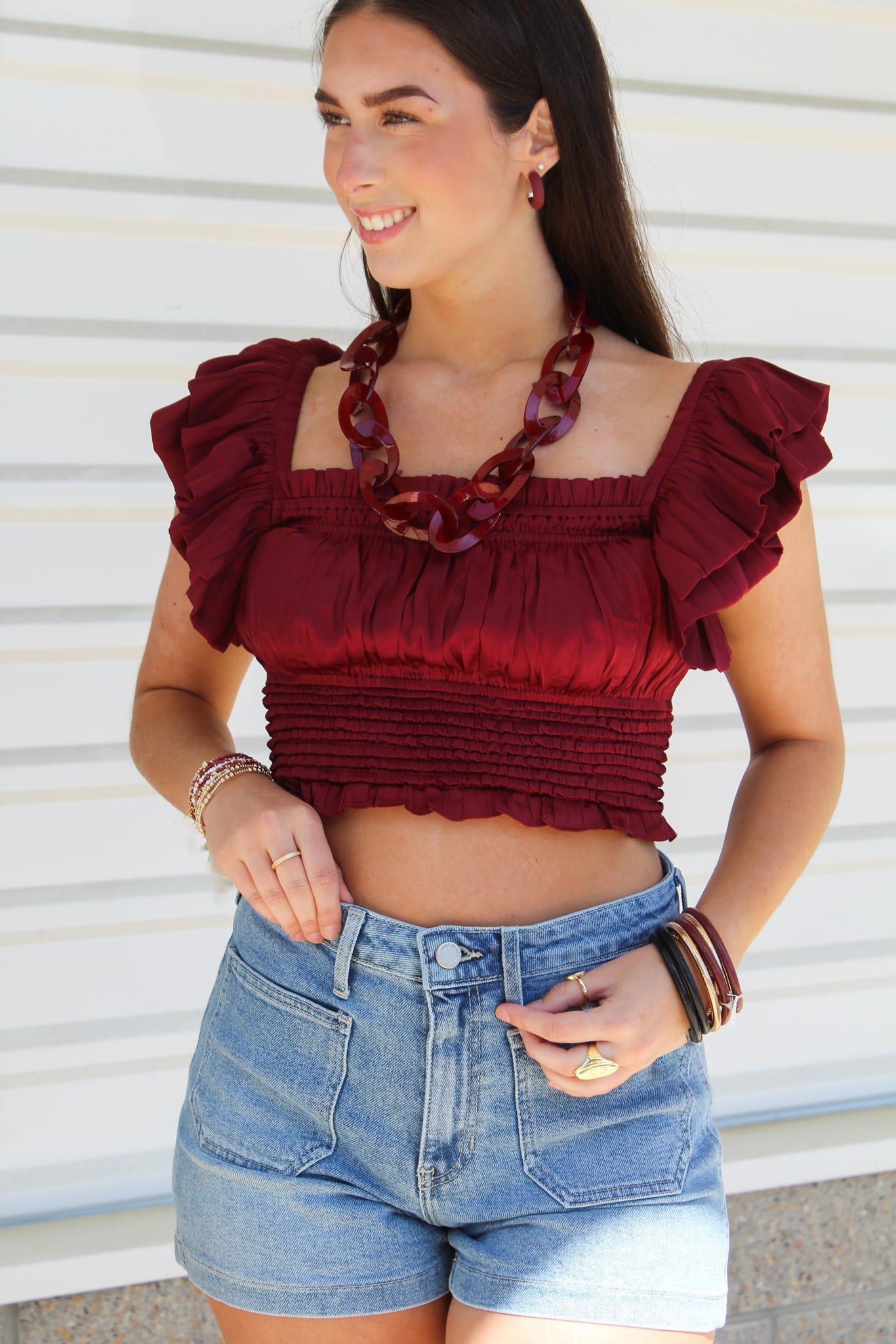 Ruffle Sleeve Cropped Smocked Top