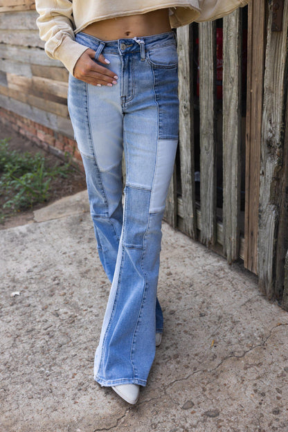 High Rise Super Flare Jeans With Color Block