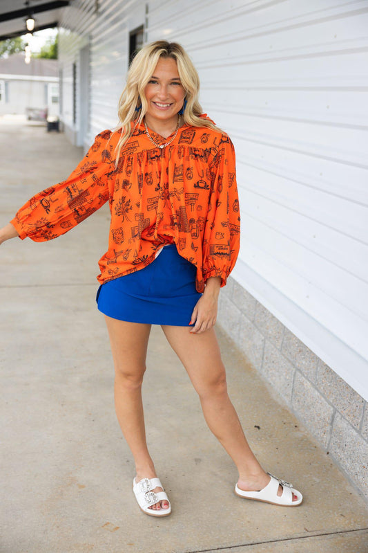 Tiger Football Print Pleated Ruffled Puff Sleeve Top