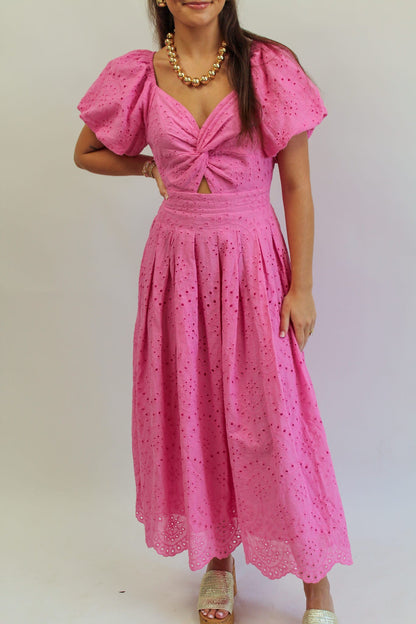 Belle of Spring Pink Eyelet Midi Dress