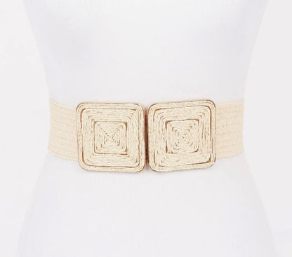 Faux Straw Two Buckle Elastic Belt