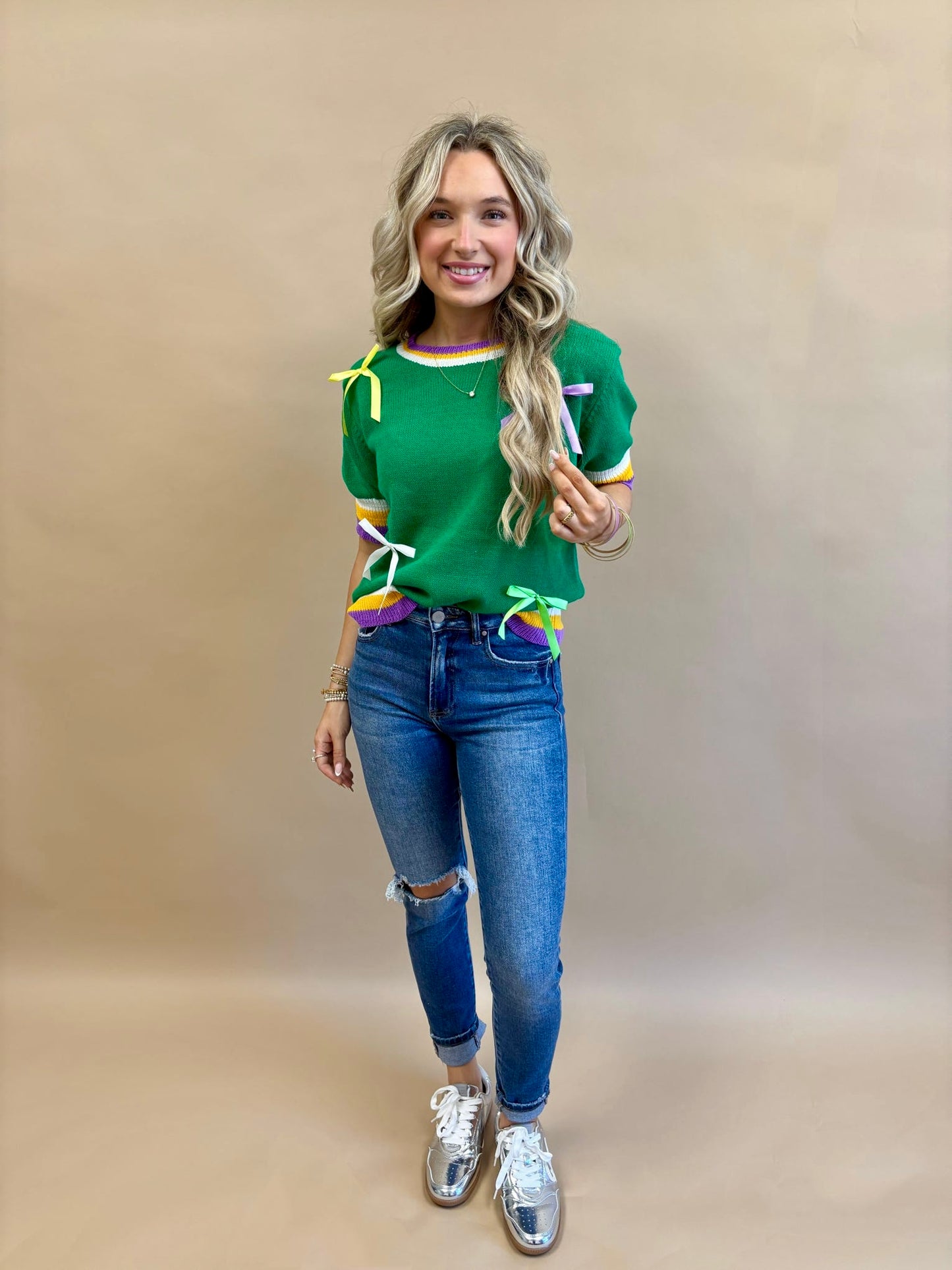 Mardi Gras Bow Detail Short Sleeve Pullover Top