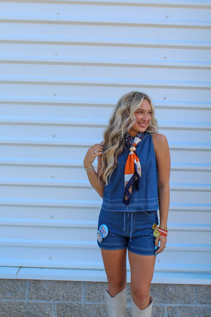 All Day Game Day Denim Sleeveless Top & Drawstring Shorts