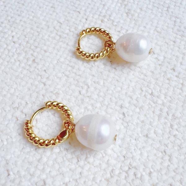 Cabeled Huggie Natural Pearl Hoop Earrings