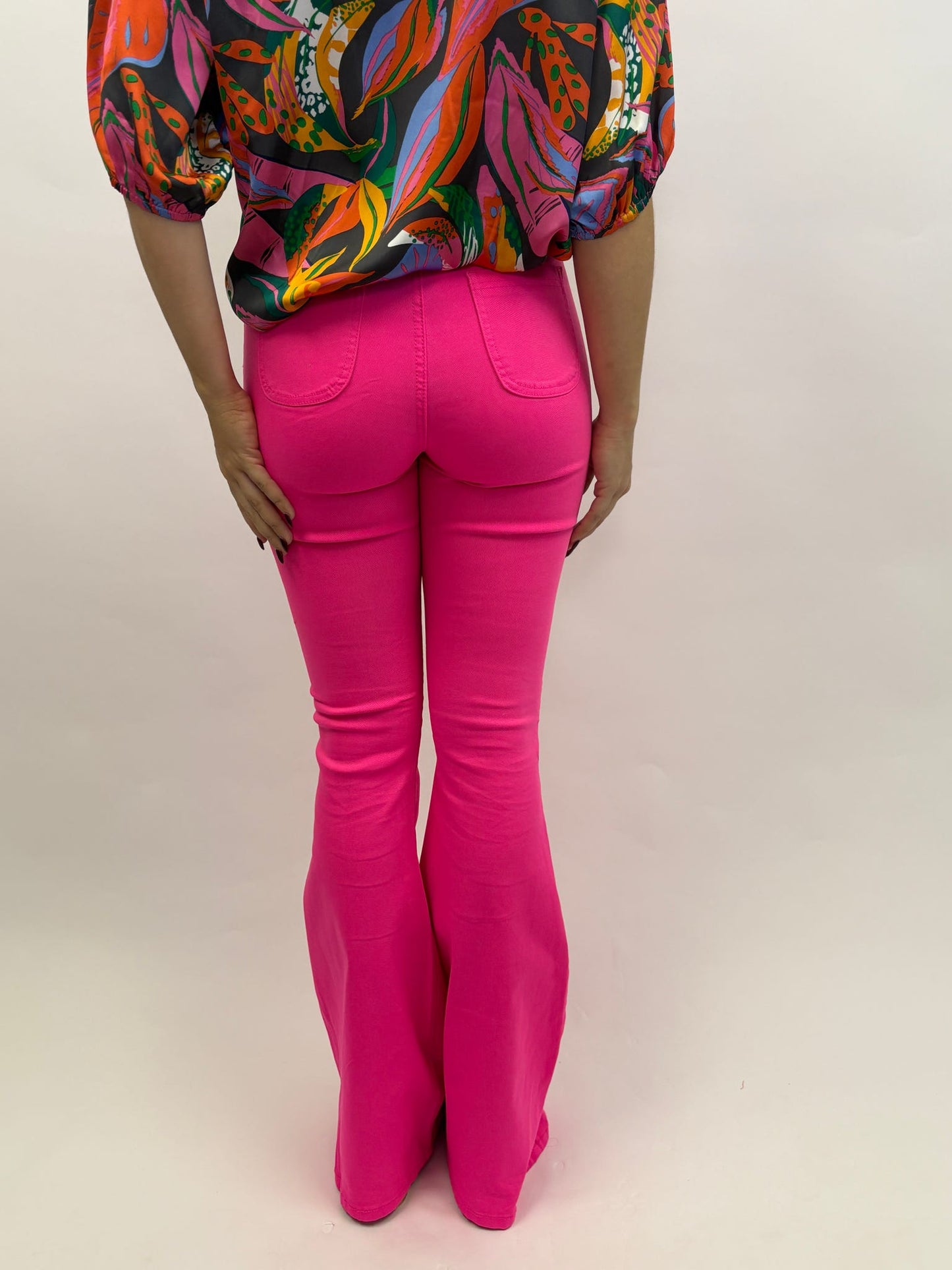 High Waisted Neon Pink Stretch Bell Bottoms