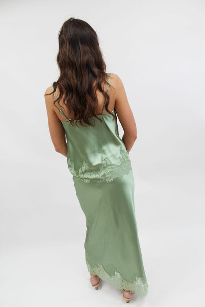 Elegant High Waist Midi Lace Satin Set - Sage
