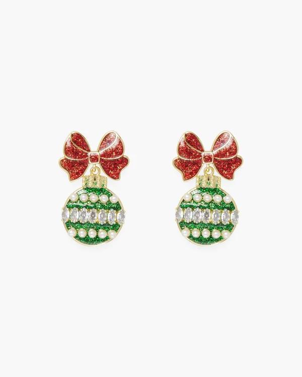 Gold Stud Green Ornament with Red Bow Earrings