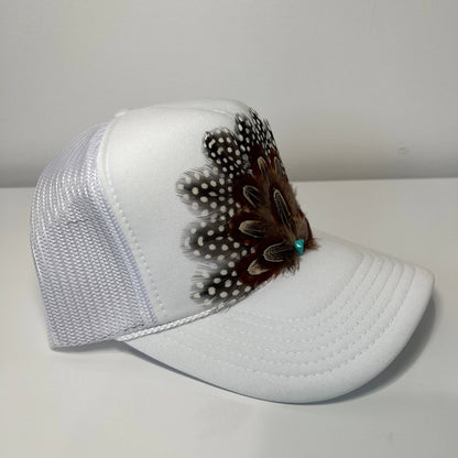 FEATHER Trucker Hat Turquoise Stone White Black Spotted
