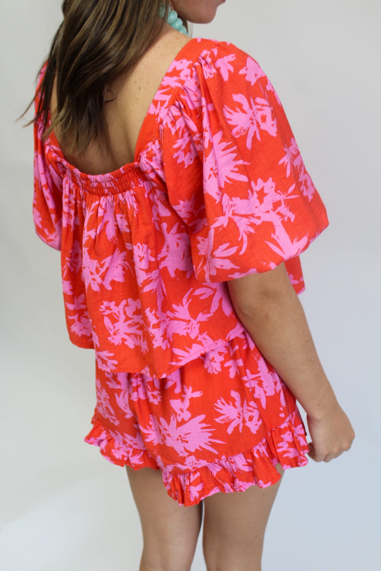 Two Tone Floral Print Puff Sleeve Top with High Waisted Smocked Ruffle