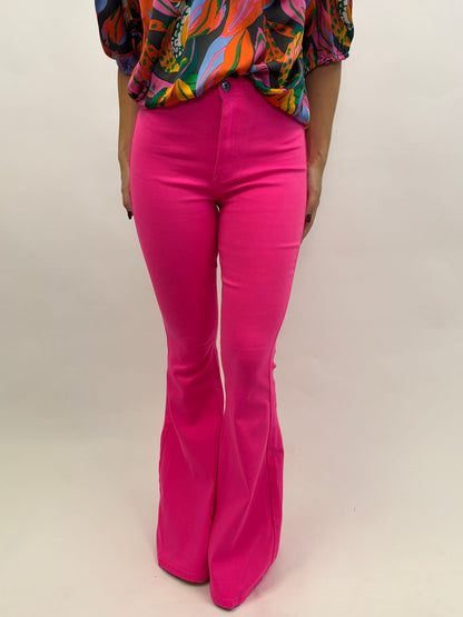 High Waisted Neon Pink Stretch Bell Bottoms