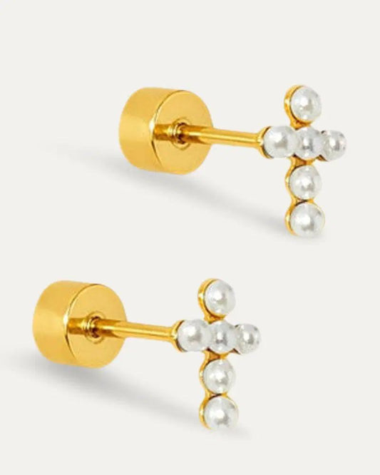 Clara Cross Pearl Screwback Stud Earrings