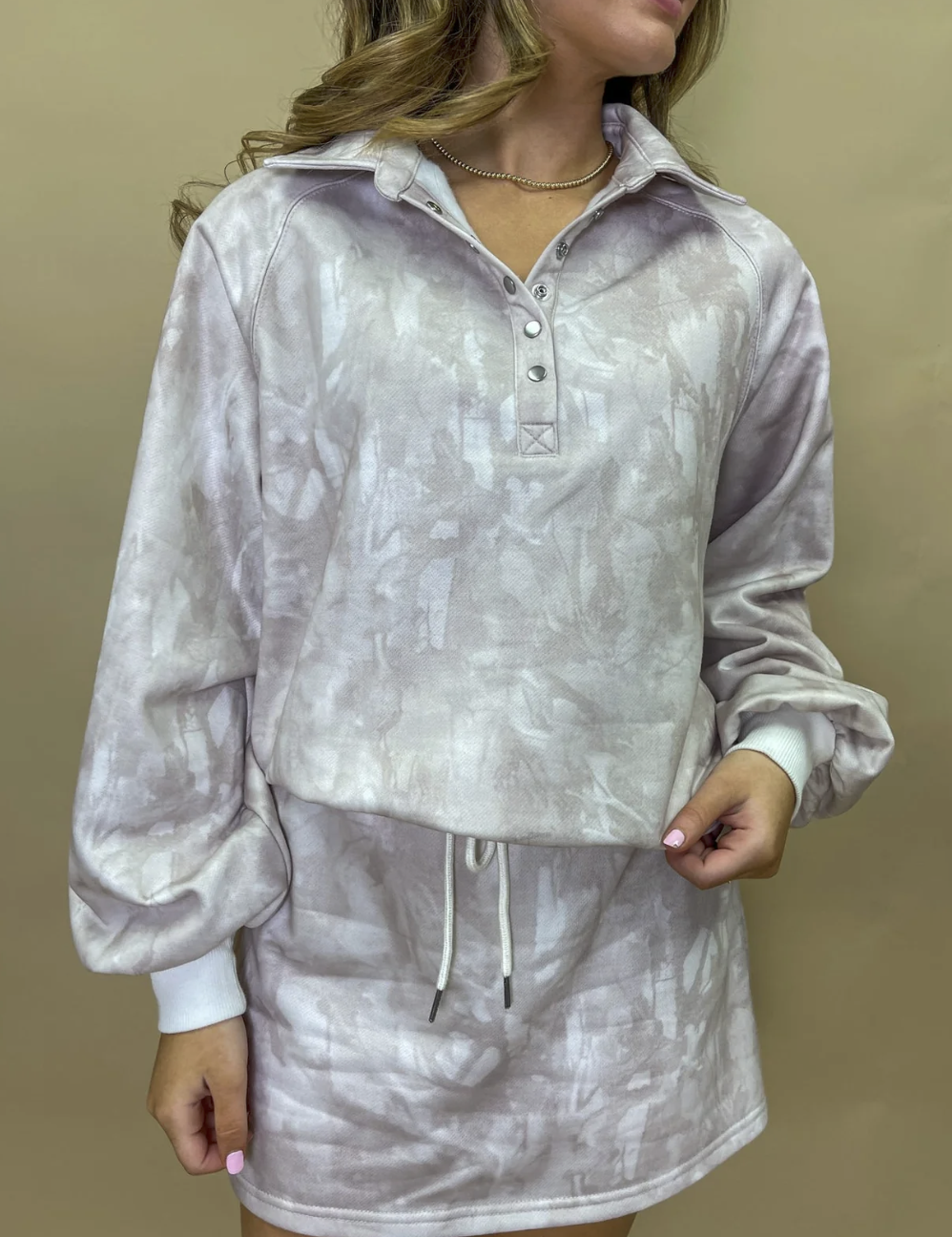 Abstract Balloon Sleeve Pullover Mini Skort Set