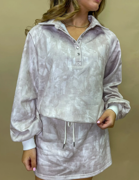 Abstract Balloon Sleeve Pullover Mini Skort Set