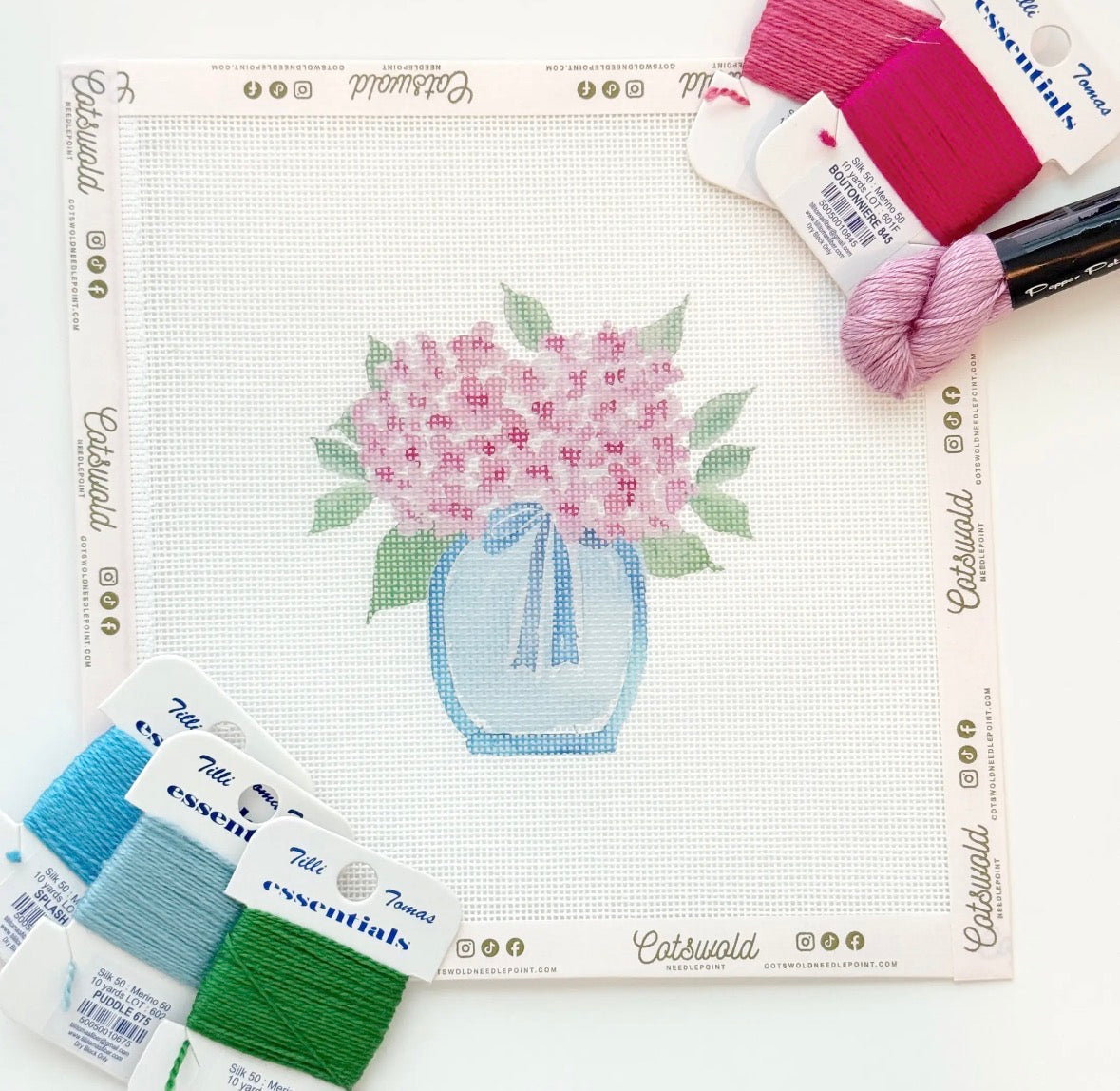 Pink Hydrangea Flower Vase Needlepoint Canvas