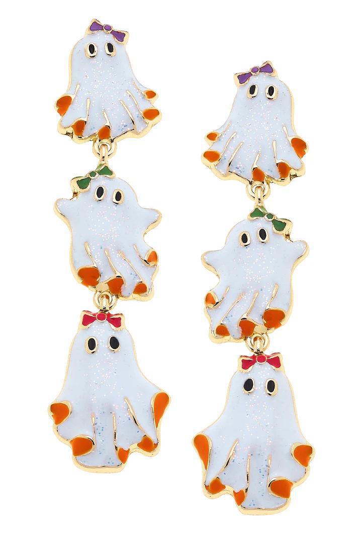 Halloween Linked Enamel Ghost Earrings In White