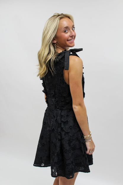 Boat Neckline with Tie Shoulders and Lace Dress - Black