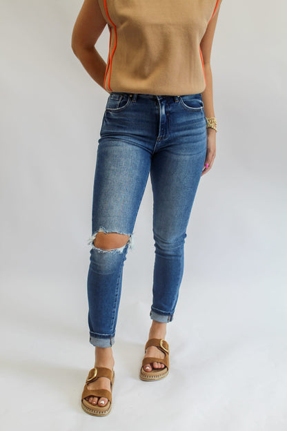 Dark High Rise-Ankle Skinny-Knee Distressed Jeans