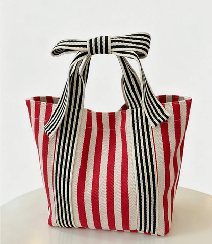 Striped Canvas Bow Handle Tote Bag