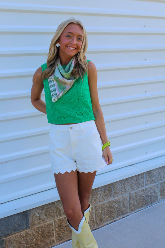 Daze Ahead White Denim Scalloped Shorts
