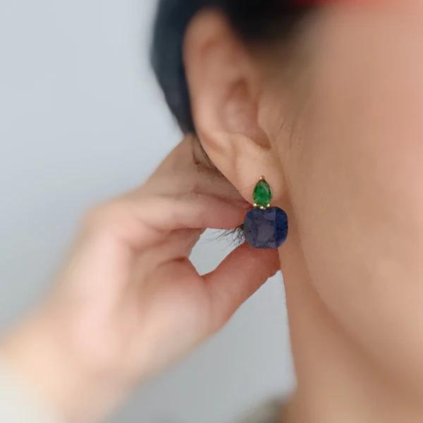 Lustre Duo Drop Earrings - Sculpted Oval with Petite Accent Detail - Emerald Ocean