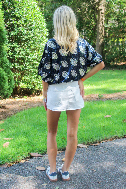Gameday Cropped Navy Sequin Football Shirt