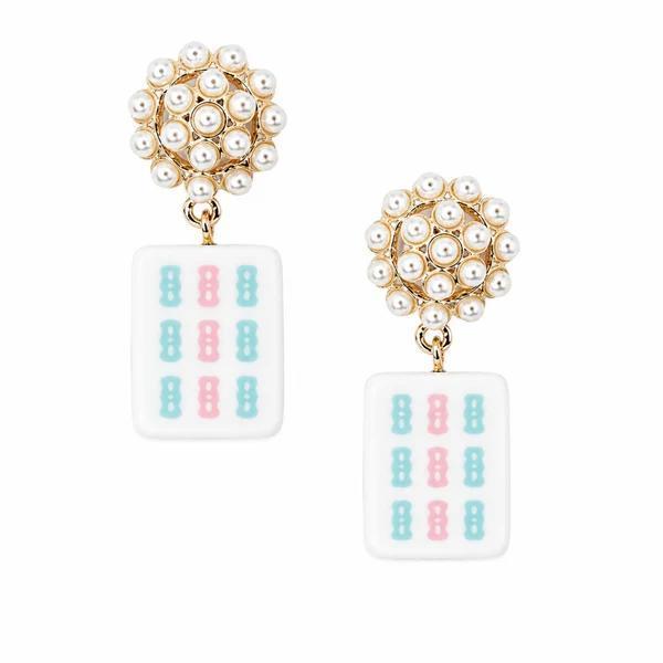 Mahjong Tile Pearl Cluster Drop Earrings