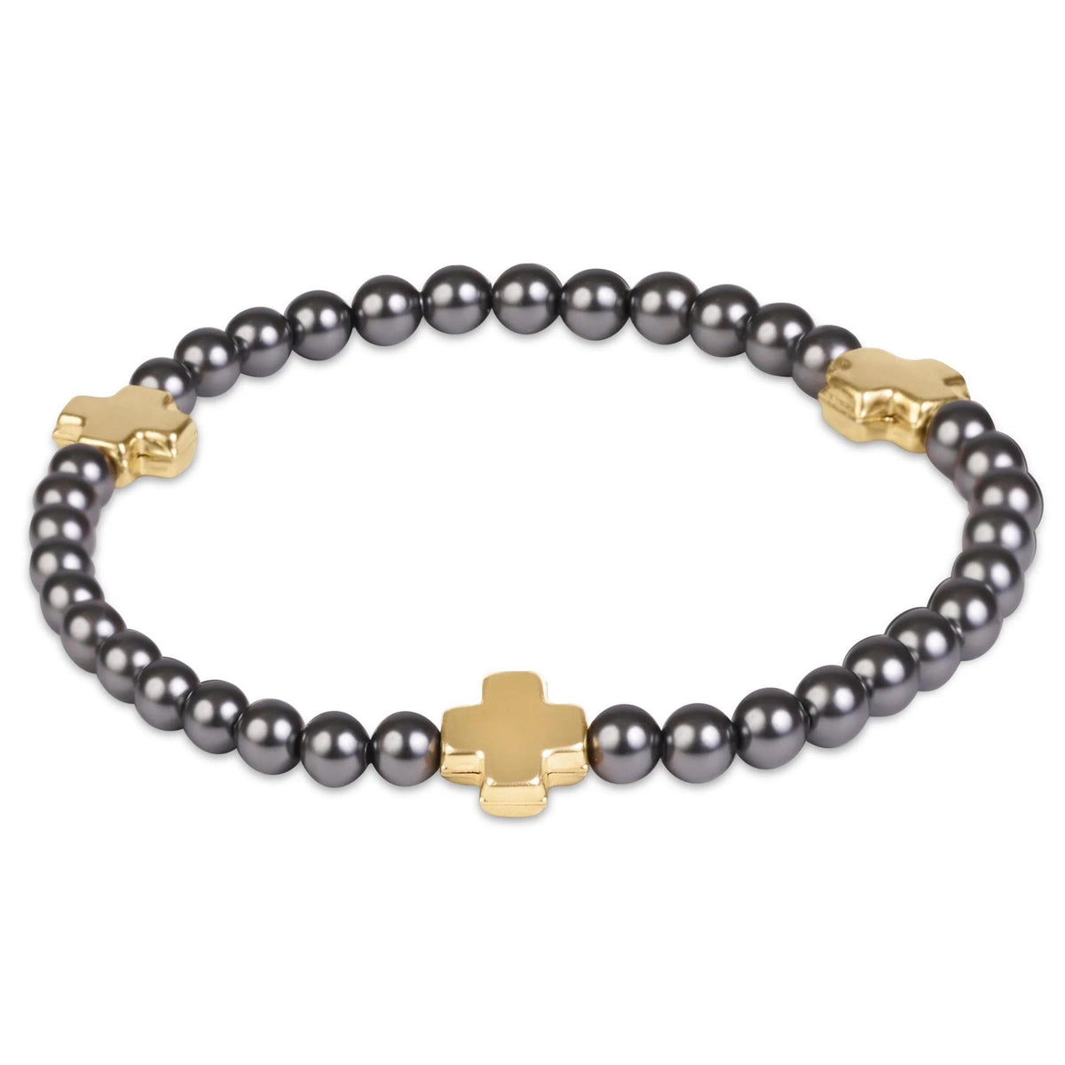 Extends Signature Cross 4mm Pearl Dark Grey Bracelet - Gold