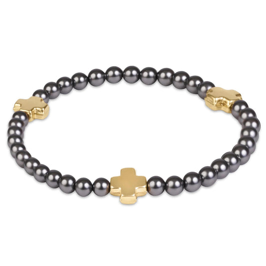 Extends Signature Cross 4mm Pearl Dark Grey Bracelet - Gold