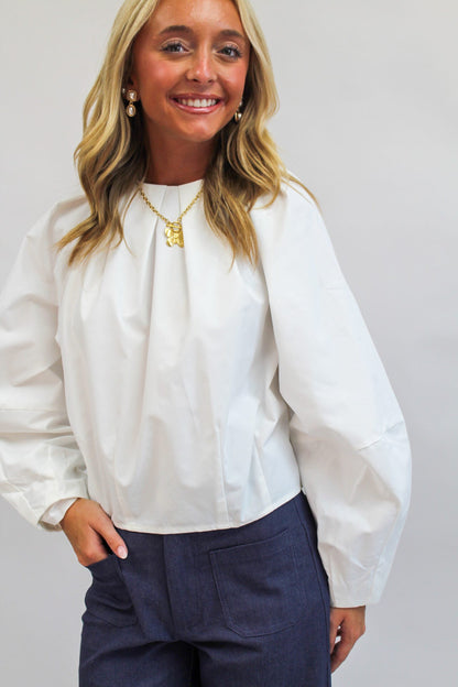 Signature Poplin Top with Round Pleated Neck