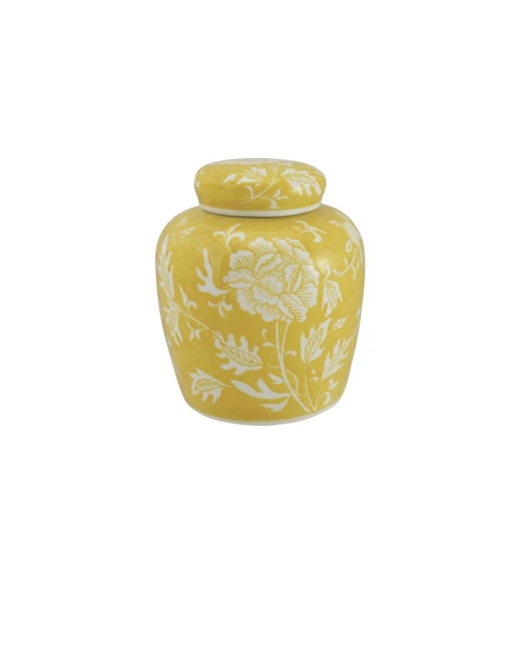 Round Stoneware Ginger Jar w/ Pattern, Yellow and White