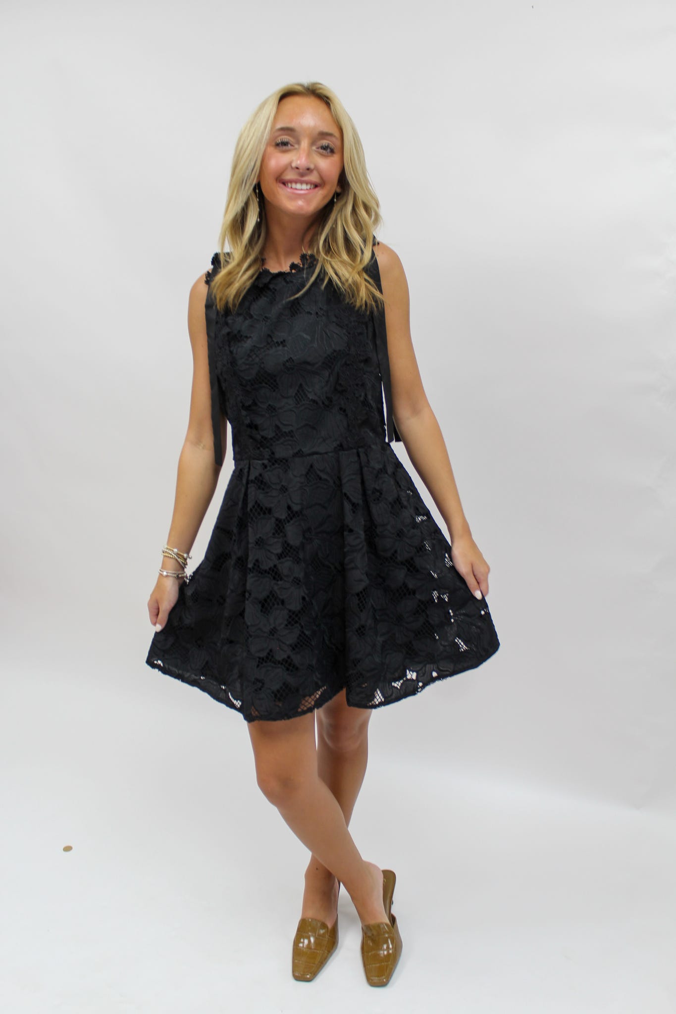 Boat Neckline with Tie Shoulders and Lace Dress - Black