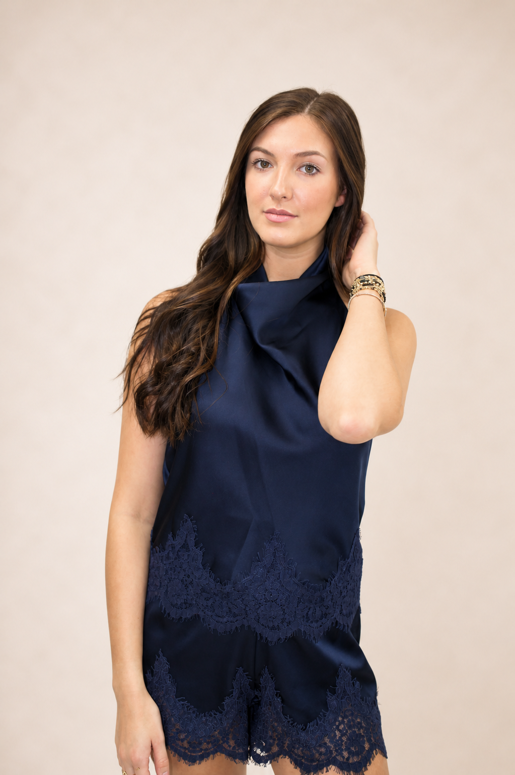Satin Navy Set with Lace Trim