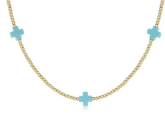 15" Choker Signature Cross Gold Pattern 2mm Bead - Turquoise