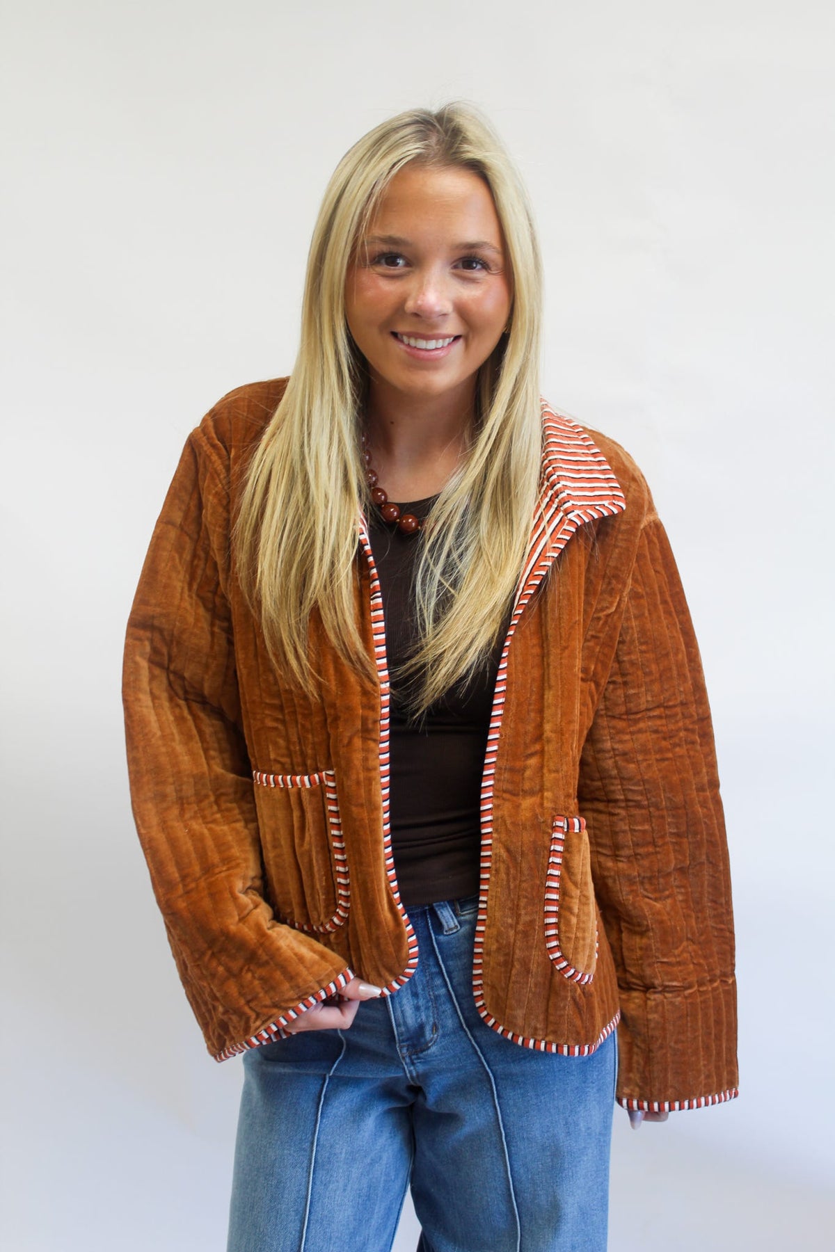 Pinstripe Velvet Jacket - Amber