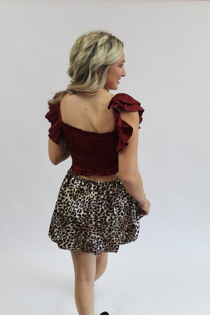 Ruffle Sleeve Cropped Smocked Top: Maroon