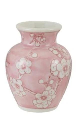 Pink & White Hand-Painted Stoneware Vase w/ Cherry Blossoms