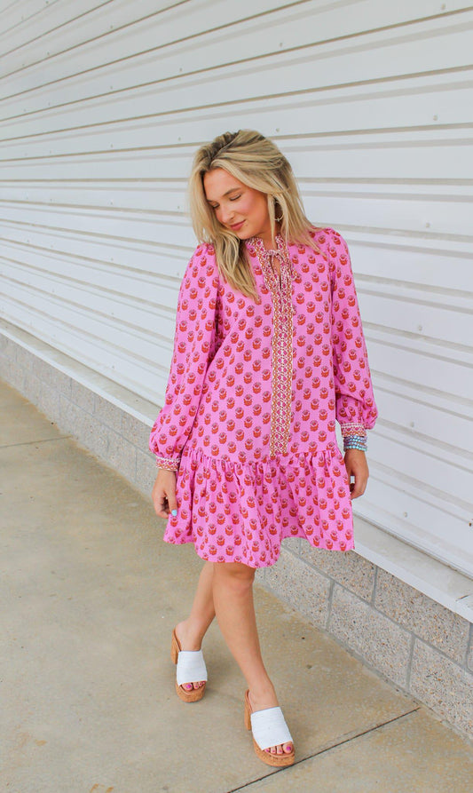 Natasha Floral Foulard Dress- Pink