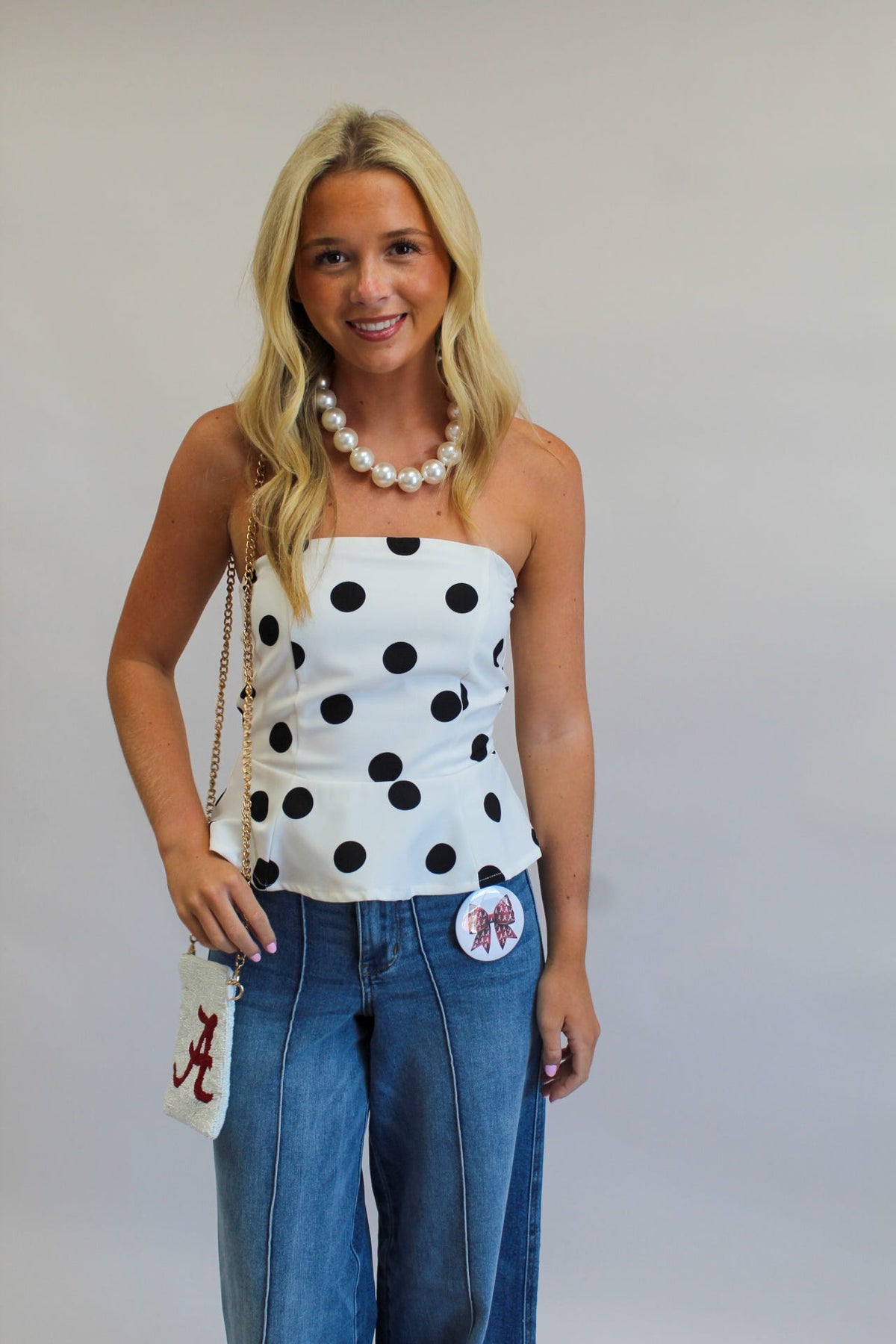 Randal Polka Dot Peplum Strapless Top