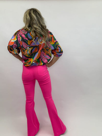 High Waisted Neon Pink Stretch Bell Bottoms